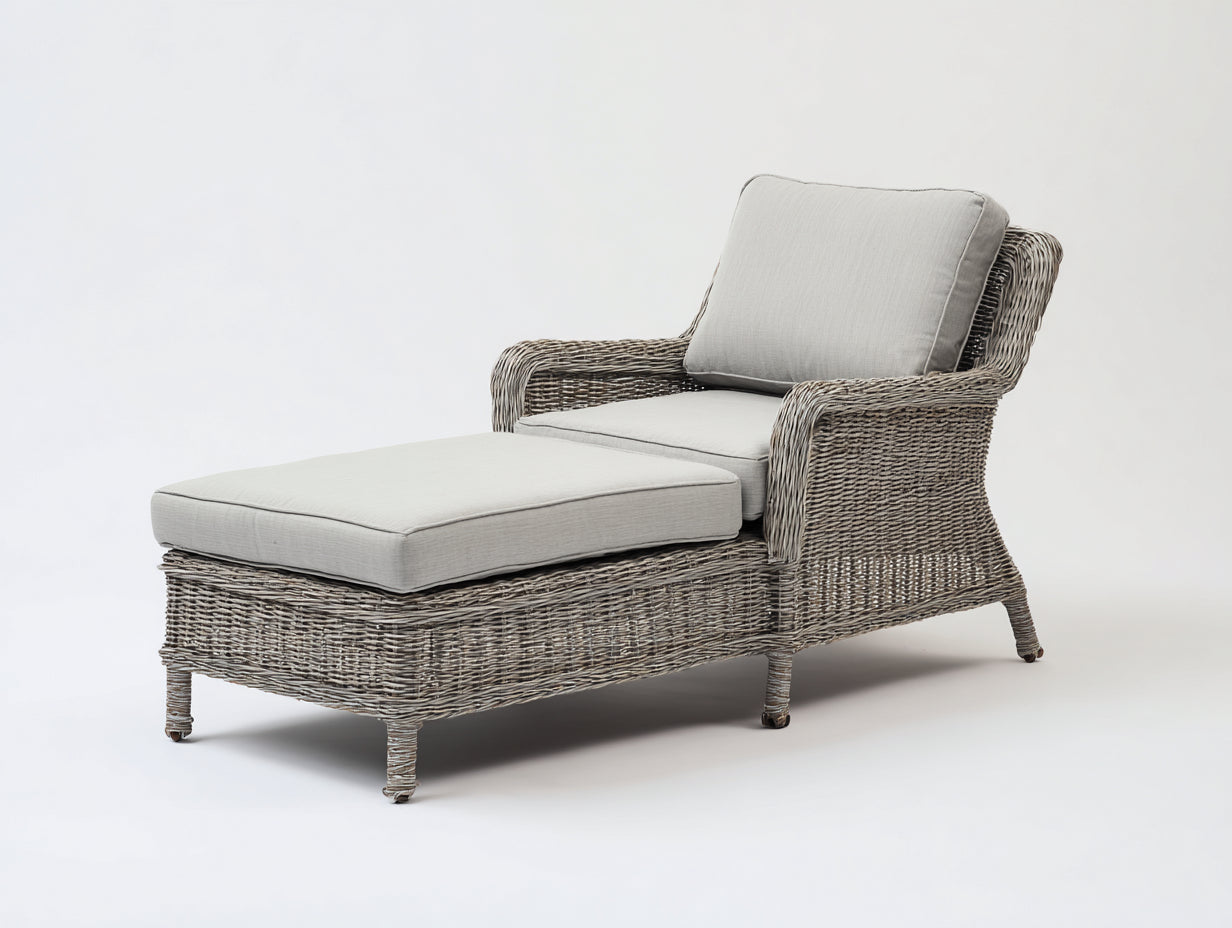 Polyrattan Sonnenliege Hellgrau mit Rollen Holzoptik 200x72x85 cm Modernes Garten Lounge Design
