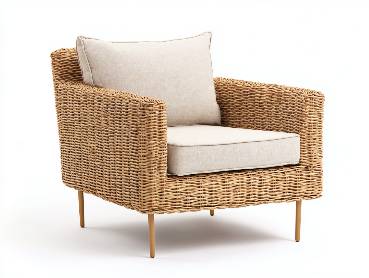 Polyrattan Gartensessel Geflochten Metallbeine 80x75x85 cm - Natur Beige - Moderner Leichter Outdoor Stil