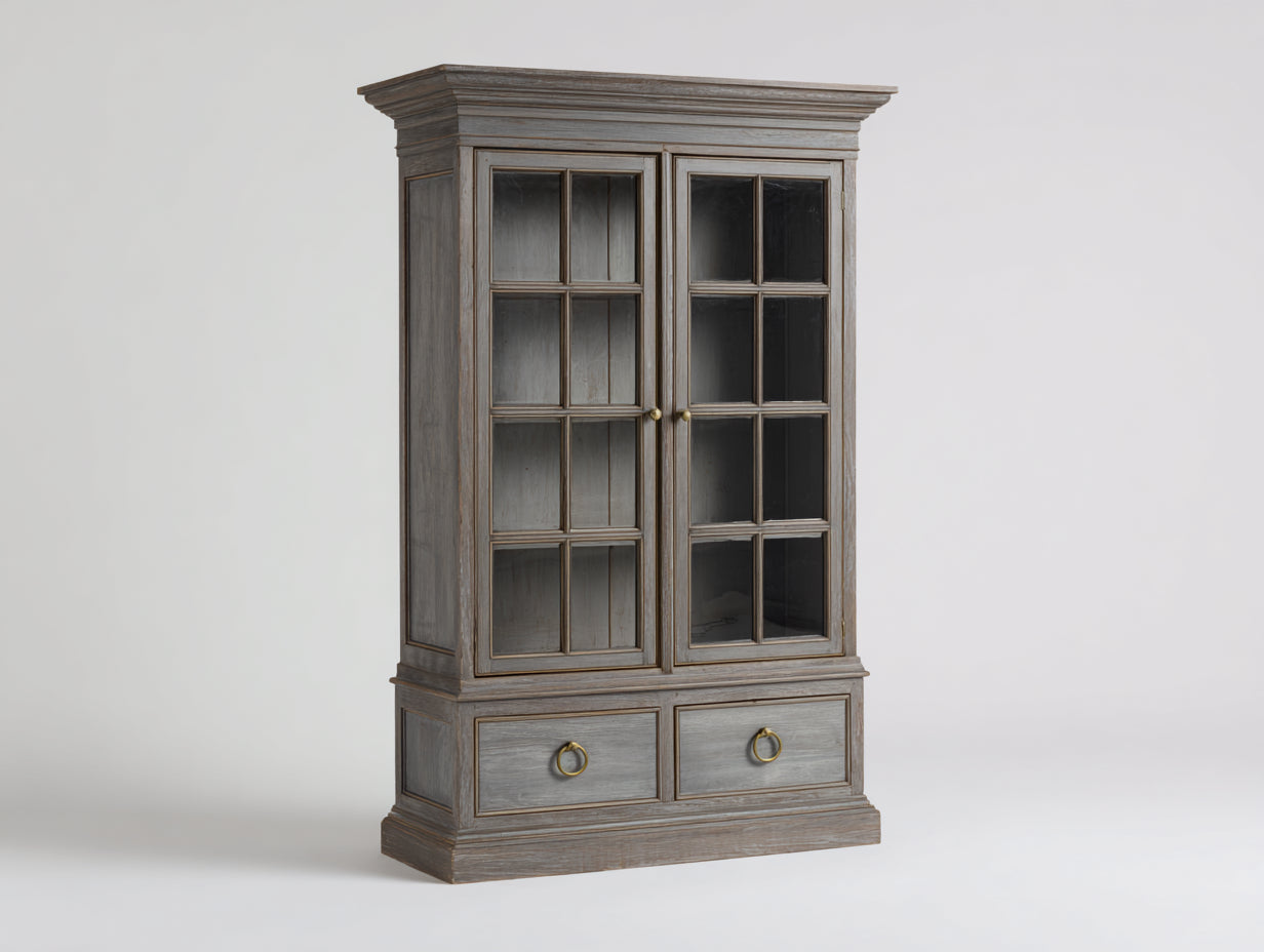 Vitrinen Holz Glas 110x45x190 cm - Grau Naturholz - Landhaus Stil Wohnzimmerschrank mit Glastüren und Schubladen