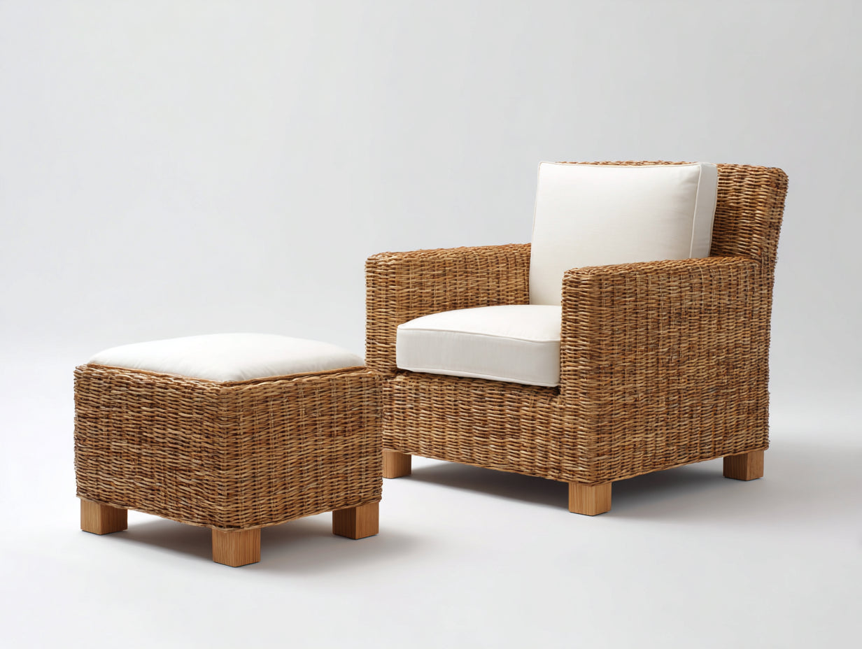 Polyrattan Gartensessel Set mit Hocker Geflochten Holzrahmen 80x75x85 cm - Natur Beige - Moderner Outdoor Komfort